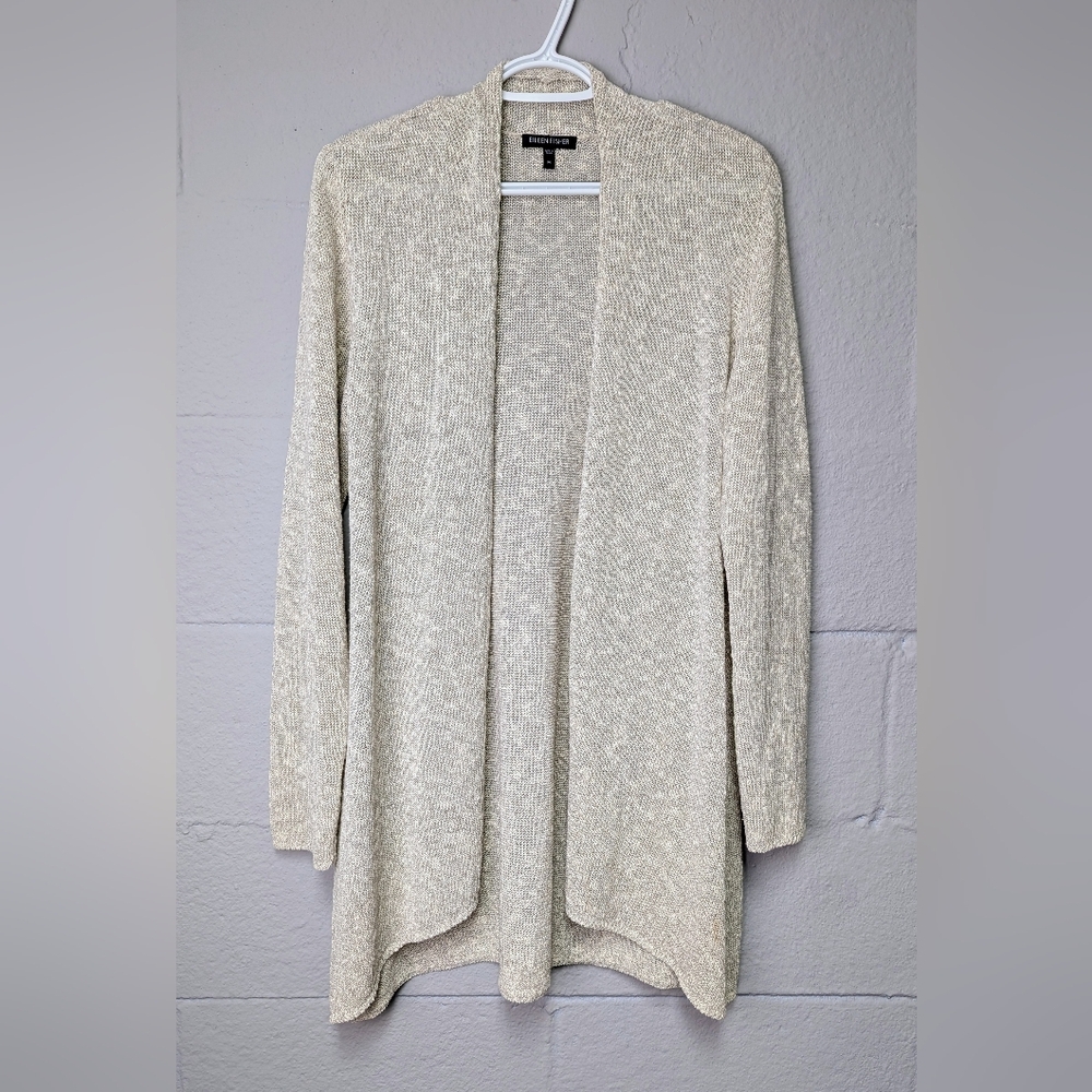 Eileen Fisher Linen Blend Loose Knit Open Cardigan Size M Heathered Beige - Picture 4 of 9